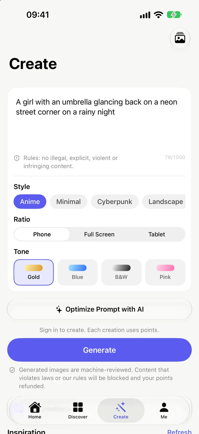 Create tab: a text prompt with style, ratio and tone options and a Generate button